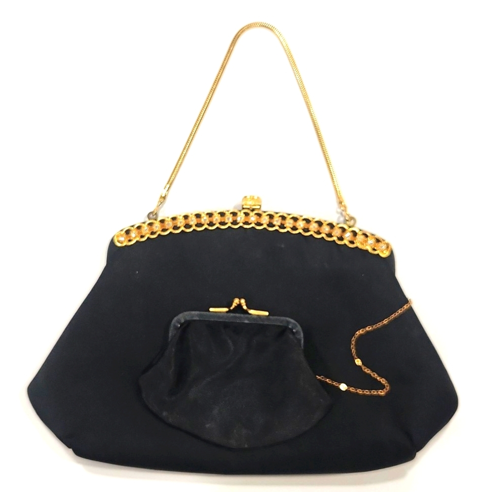 Vintage 50's Harry Levine Black Satin & Rhinestone Evening Bag w/Coin Purse EUC